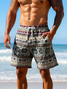 Manfinity Swimmode 夏季男士几何印花抽绳腰带休闲沙滩短裤 男士泳裤 几何图案男士泳裤 抽绳织锦短裤 男士 男士度假服 男士短裤 男士沙滩短裤 - 黃色 - 查看 3