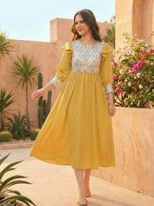Teen GirlFestive Middle Eastern Satin Patchwork Embroidered Pattern Princess Puff Sleeve Princess Dress - Yellow - View 7