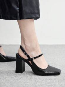 CUCCOO BIZCHIC Giày nữ mũi vuông gót chunky bằng chất liệu PU, trang trí khóa cài, thiết kế tối giản thời trang, thoải mái cho sử dụng hàng ngày, dự tiệc và các sự kiện. - màu đen - Xem 5
