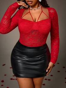 Truni Plus Size Women's Sexy Red Lace Sheer Long Sleeve Bodysuit, Suitable For Dates And Parties, For Pear & Triangle Body Shape Valentine's Day Outfit - Red - View 6
