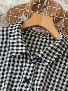 DreamSkyne Đầm ngắn tay dáng suông cổ kẻ caro một hàng khuy dành cho nữ cỡ lớn - màu đen - Xem 3