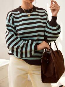 Ritzy Row Jersey de punto versátil y minimalista con cuello redondo, mangas farol y rayas azules y cafés para mujer - Multicolor - Ver 5