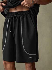 SWAVVY Men's Casual Daily Fashion Street Contrast Stitch Graphic T-Shirt And Shorts Set, Summer - Black - View 6