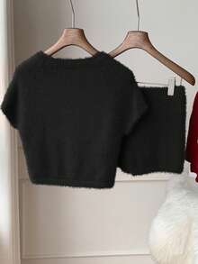 Comfortcana Women's Bow Decor Round Neck Classic Black Faux Fur Short Sleeve Knit Top And Knit Shorts Set, Spring/Summer, Christmas, New Year, Valentine's Day - Black - View 2