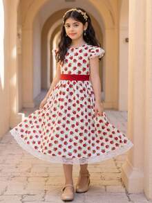 SHEIN Gaun Kasual Lengan Pendek Leher Bulat Motif Bunga Tenun Warna Blok untuk Anak Perempuan Remaja - Aprikot - View 3