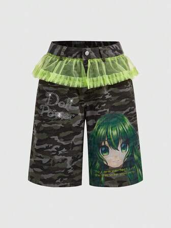 Kawaii Pantalones capri de mezclilla de mujer con parches de malla y cintura baja, estilo de muñecas bebé de dibujos animados anime