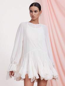 Aveloria Rosie 女士泡泡袖A字拼接迷你连衣裙 - 米色 - 查看 4