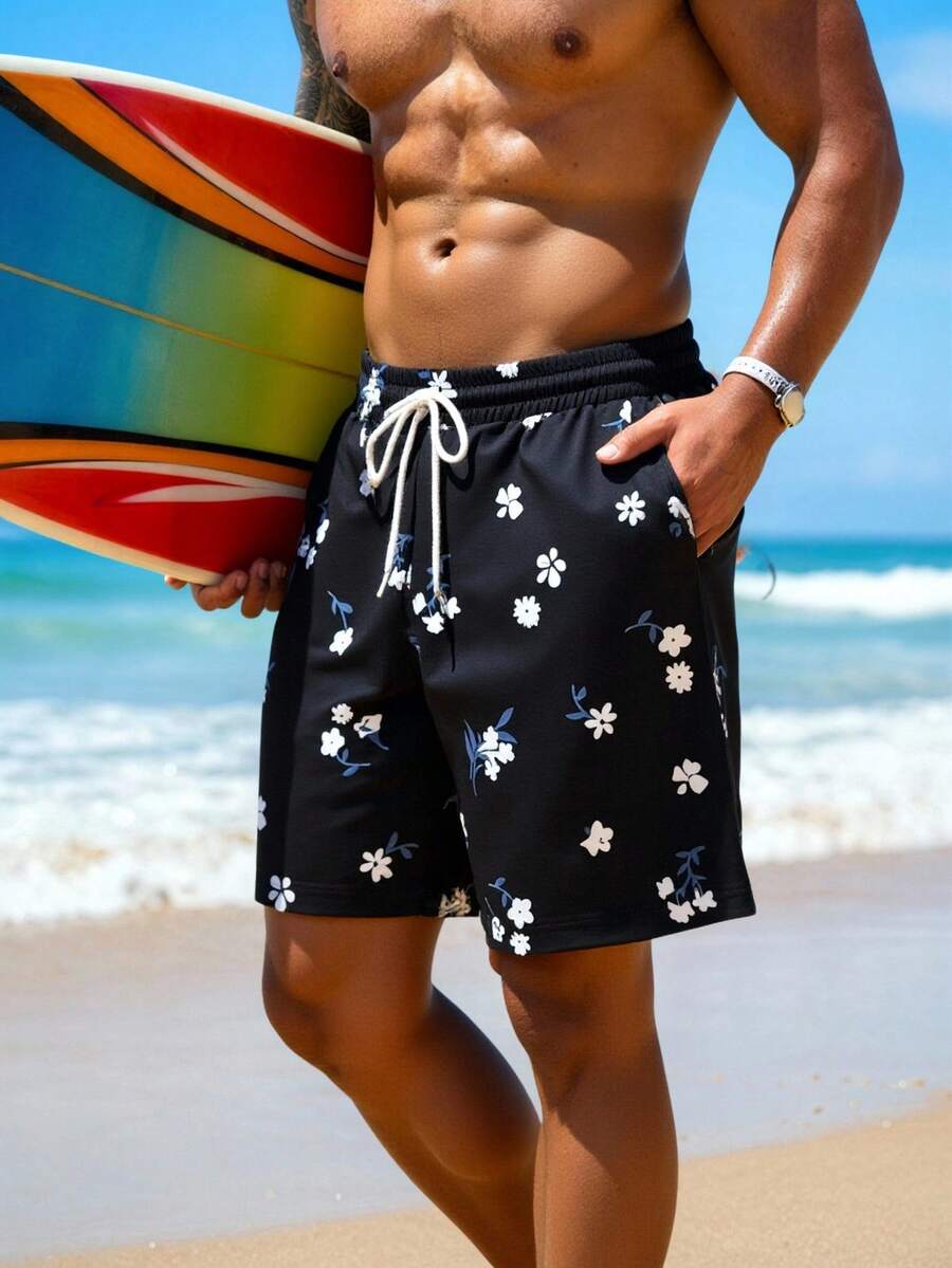 Manfinity Swimmode 男士印花抽绳腰带休闲沙滩短裤 - 黑色 - 查看 1