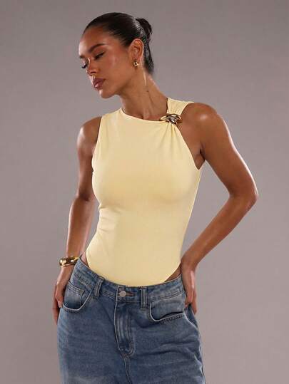 SHEIN BAE 女士夏季时尚休闲通勤简约纯色不对称领金属装饰修身连体衣