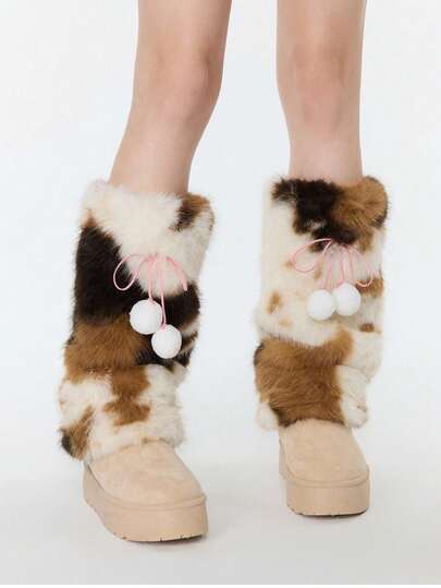 Goth 1 Paar Y2K Retro Dreifarbig Blumenmuster mit Fellbommel Schnürdesign Stulpen, modisch minimalistisch kantig für Frauen, geeignet für Alltag, Party, Date, Einkaufen, Herbst/Winter