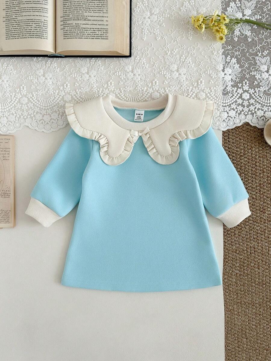 SHEIN Baby GirlCasual Striped Lapel Long Sleeve Dress, Spring/Autumn - Baby Blue - View 1