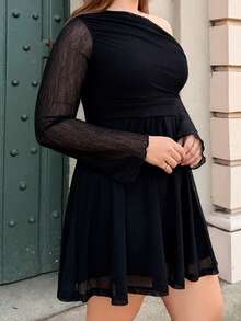 Nezia Cruz Plus Ruched Asymmetrical Shoulder Flare Hem Dress - Dark Grey - View 5