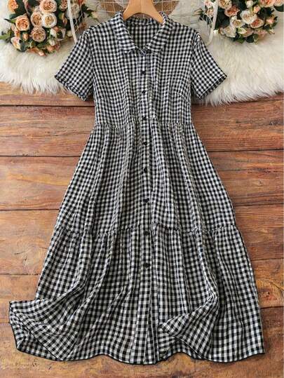 DreamSkyne Vestido casual de manga corta con cuello a cuadros y abotonadura sencilla para mujer de talla grande