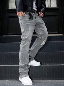 Manfinity LEGND Męskie jasnoszare, sprane jeansy z podkową w dopasowanym kroju - Jasnoszary - Zobacz 3