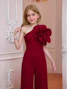 SHEIN Nova Glow 少女休闲优雅红色不对称肩部修身简约3D立体花卉装饰连体裤，适合派对、聚会、婚礼、春夏等场合。 - 酒紅色 - 查看 7