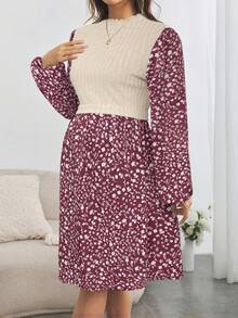 SHEIN 孕妇法式碎花灯笼袖连衣裙，长袖女式连衣裙，适合秋季穿着 - 酒紅色 - 查看 4