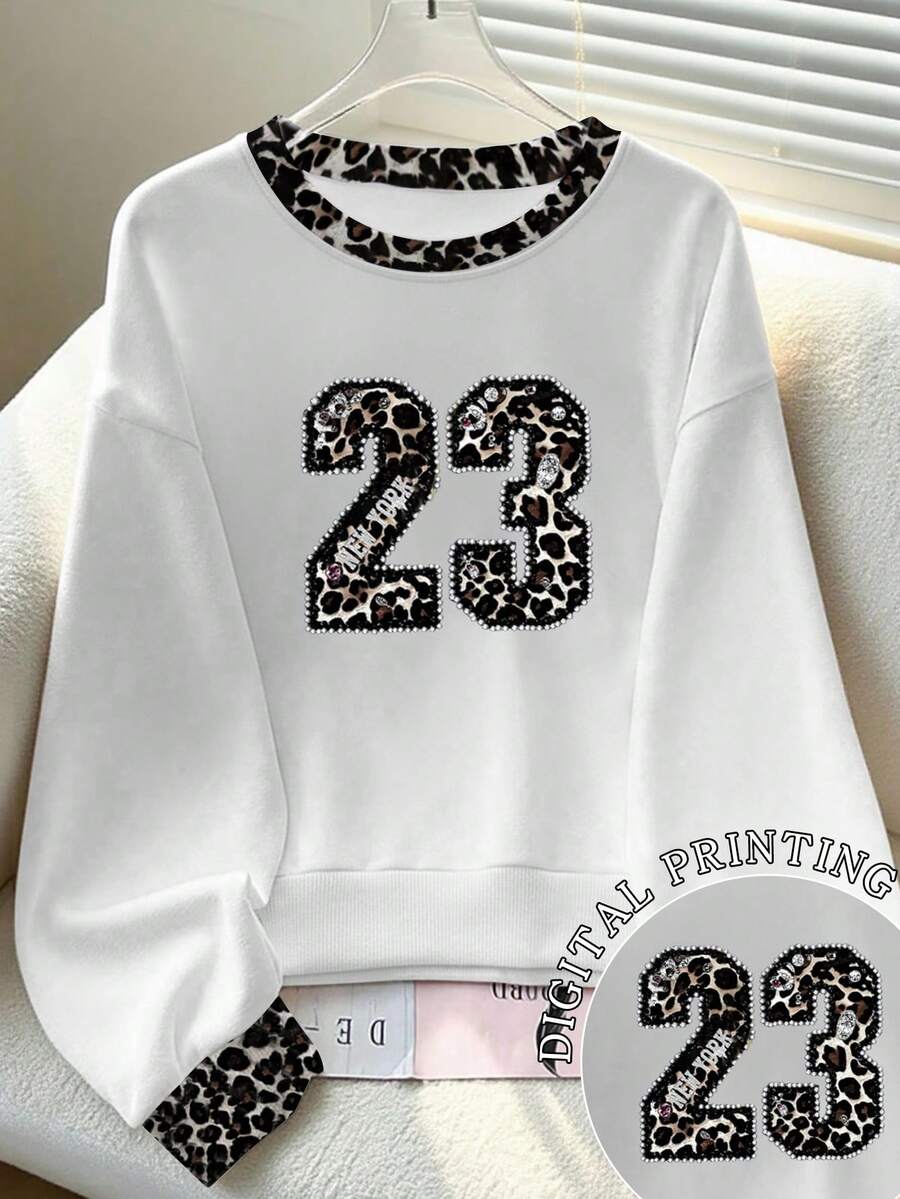 Resyla Women's Casual Everyday Commute Fashion Street Leopard Print Number Letter Rhinestone Graphic Dropped Shoulder Loose Ringer Crew Neck Sweatshirt, Spring/Autumn - White - View 1