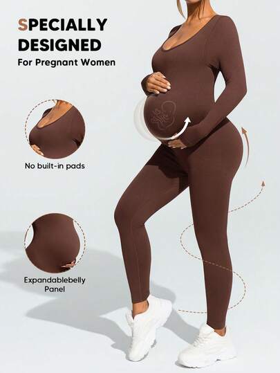 SHEIN ชุดจัมป์สูทคลุมท้องสีพื้นคอกลมแขนยาว