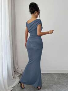 Modelyn Metallic Buckle Decor Ruched Fitted Elegant Long Dress For Women - Baby Blue - View 8