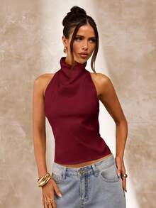 SHEIN BAE Apricot Color Backless Draped Neck Women's Tank Top, Sexy & Elegant Camisole For Spring/Summer - Burgundy - View 7