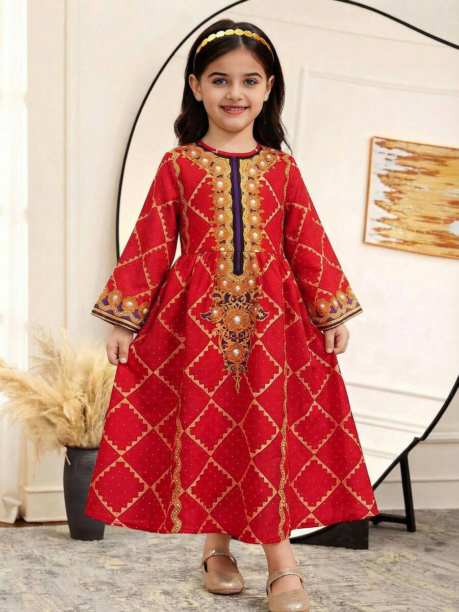 SHEIN Vestido de manga larga con cuello redondo, estampado floral diminuto, informal para vacaciones de Ramadán para niñas jóvenes - Rojo - Ver 1