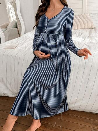 Moonlight & Mama Striped Print Buttoned V-Neck Long Sleeve Casual Maternity Dress/Nightgown