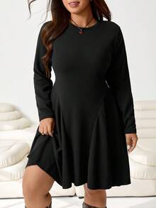 Solflare Plus Size Women Casual Solid Color Round Neck Long Sleeve Dress, Autumn/Winter