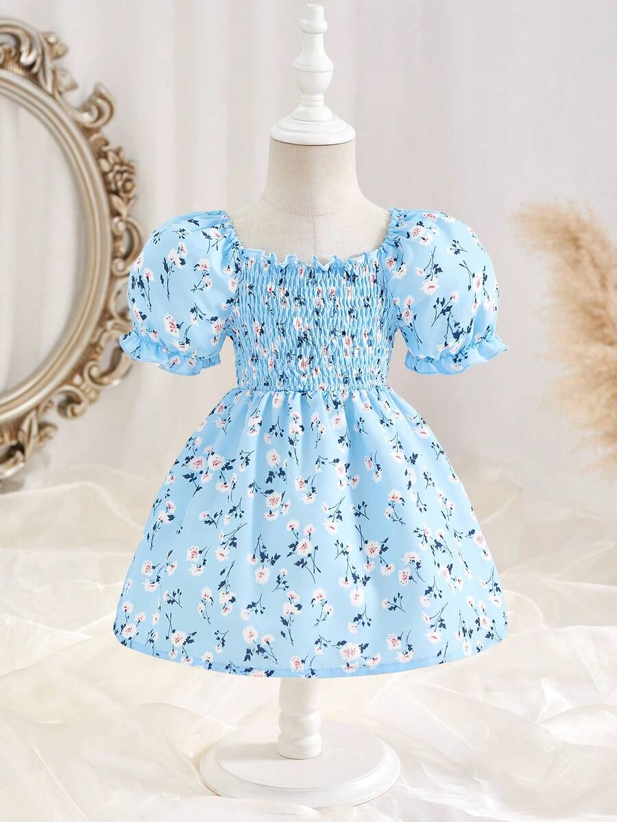 SHEIN Vacation Style Baby Girls' Square Neck Puff Sleeve Floral Sweet Dress, Summer - Blue - View 1