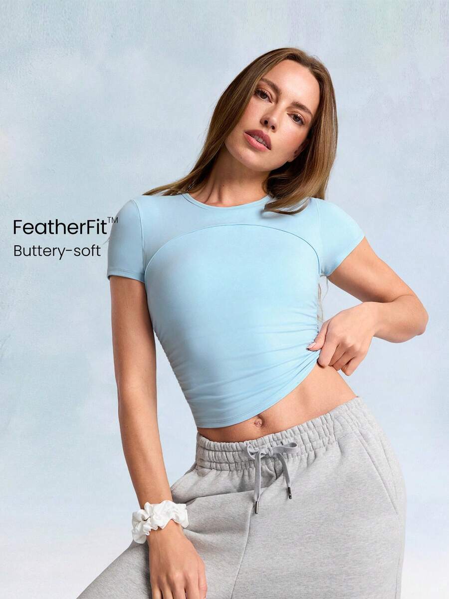 GLOWMODE FeatherFit™ Focus Drawstring Pleated Short Sleeve Tee Light Support Low Impact Yoga Pilates Studio Gym Valentine's Day - Blue Day - View 1