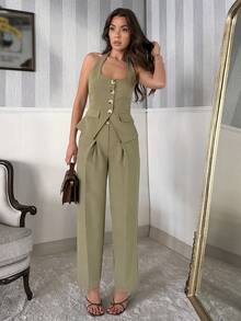 EURMUSE Summer Elegant Commuter Solid Color Backless Halter Vest & Pants Suit - Khaki - View 4