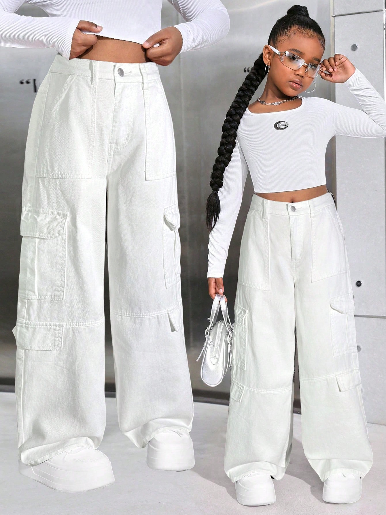 SHEIN بنطلون جينز كارجو بخصر عالي مغسول بجيوب رباط...