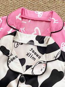 4件套女婴奶牛爱心印花仿丝睡衣套装 - 彩色 - 查看 4