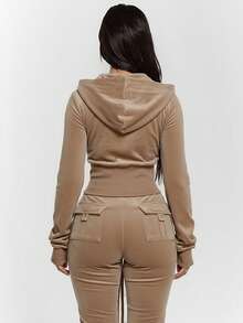 MUSERA Zip Through Fitted Ribbed Snatched Underbust Hooded Velour Sweatshirt Only Sexy Going Out Night Out  Cute Streetwear ,Elegant Spring Summer Holiday - Brown - View 2