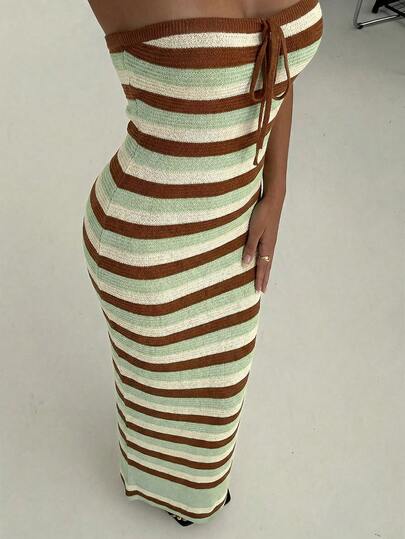 Aloruh Crochet Summer Romantic Vacation Colorblock Tight-Fitting Handmade Crochet Tube Top Dress For Women