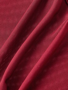 SHEIN MOD 女士荷叶边领长袖修身网纱上衣，多件装 - 酒紅色 - 查看 4