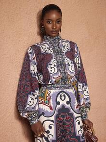 JIAN LASALA Mono de mujer de pierna ancha con estampado boho multicolor, cuello de pico, mangas farol y cintura drapeada. Conjunto de estampado africano para mujer, mono boho para mujer para boda en la playa - Multicolor - Ver 4