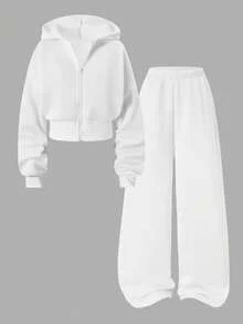 Sparklyn 两件套少女灰色碎花连帽拉链开衫，宽松落肩设计，罗纹腰身，搭配同款宽松休闲裤，休闲运动学院风套装，适合户外、室内、运动、聚会、上学、春秋冬季等场合。 - 白色 - 查看 6