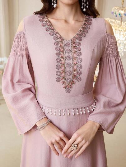 Al Najma 女士优雅V领露肩珍珠装饰流苏长裙