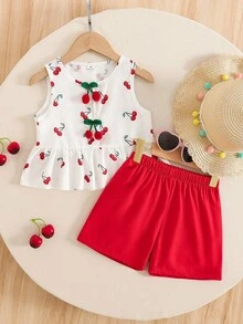 Souflis Souflis 2 pièces/set Haut sans manches avec décoration de pompons 3D cerises mignonnes et short rouge pour jeunes filles, tenue décontractée pour les vacances, été - Rouge - Voir 3