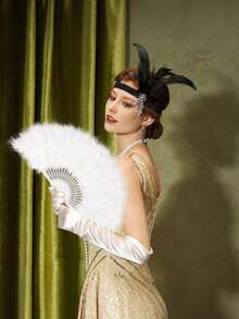 2/3 gói phụ kiện Flapper thập niên 1920 dành cho nữ - Bộ quạt lông vũ, băng đô và găng tay cho trang phục cosplay khiêu vũ đám cưới cổ điển Phụ kiện Great Gatsby (Màu đen) - Nhiều màu - Xem 6