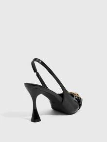 CUCCOO SZL Giày cao gót nữ mũi nhọn 9.5CM màu đỏ tía thanh lịch, quai hậu tiện dụng, chất liệu PU tráng gương, khóa kim loại, màu đen nâu, gót thấp, phù hợp cho đi hàng ngày/dự tiệc/lễ hội/công sở. - màu đen - Xem 4