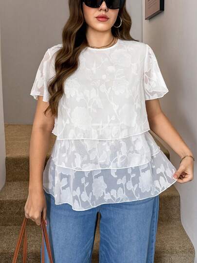 SHEIN LUNE Plus Size Women Flowy Ruffle Hem Short Sleeve Blouse, Elegant For Work Commute Summer For Women St Patrick Day Easter Summer Spring For Women Beach Saint Patrick Easter White Ruffled Top White Sheer Top Valentine's Day White Peplum Top