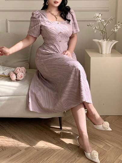 Dazy Plus Plus Size Women's Textured Fabric Square Collar Puff Sleeve Elegant Fitted Dress, Purple, Spring/Summer, Suitable For Dates And Parties