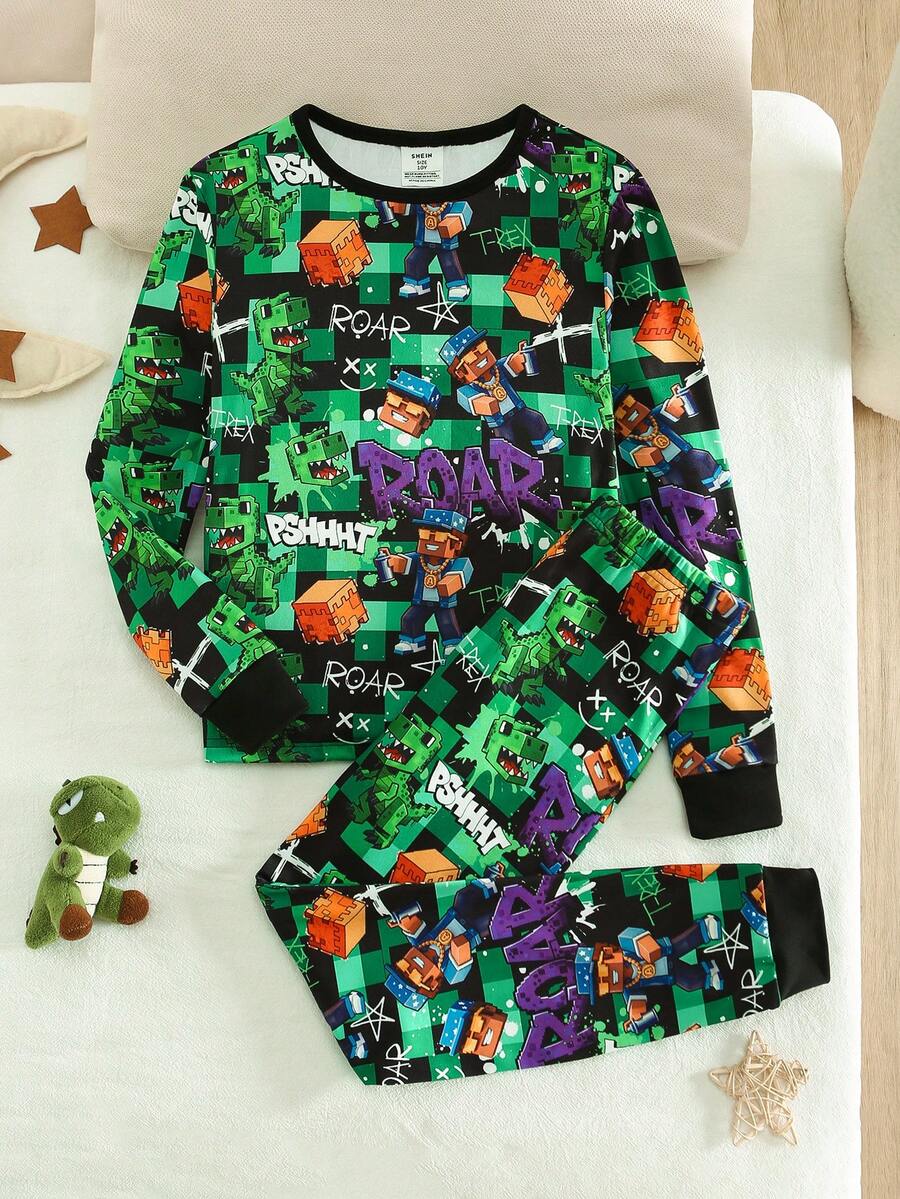 2 Stücke Jungen Weiche, bequeme Pyjama-Set mit engem Sitz, süßes Karomuster & Cartoon-Muster, Langarm-Oberteil und Hose, lässige Loungewear, Herbst/Winter - Verschiedenfarbig - Übersicht 1