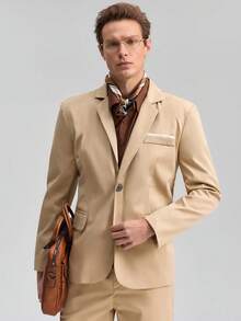 Officeau 男士休闲西装套装，包含外套和裤子，适合春秋季节穿着。 - 卡其色 - 查看 4