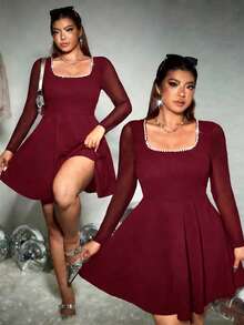 SHEIN EZwear 酒红色加大码女式仿珍珠装饰方领网纱长袖优雅连衣裙 - 酒紅色 - 查看 1