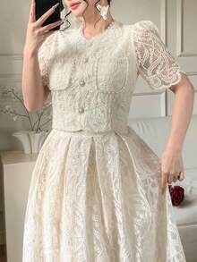 DAZY 2pcs/Set Women's Elegant French Lace Ruched Waist Slim Fit Maxi Dress - Apricot - View 8