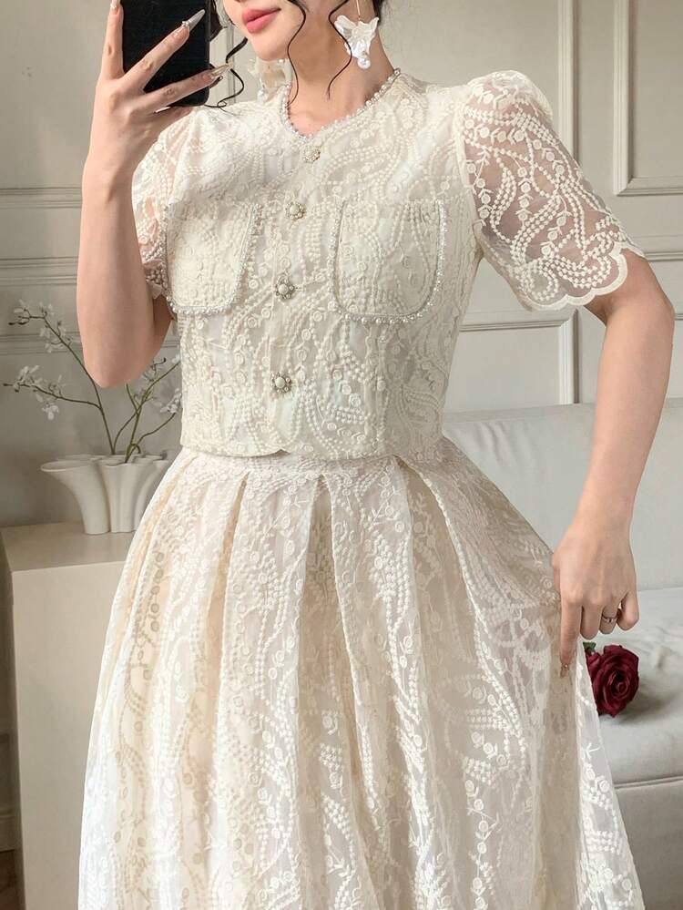 2pcs/Set Women's Elegant French Lace Ruched Waist Slim Fit Maxi Dress,Wedding Guest Dress Women