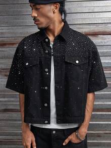 AXEPEAK Men's Washed Rhinestone Embellished Fashion Short Sleeve Shirt - Black - View 6