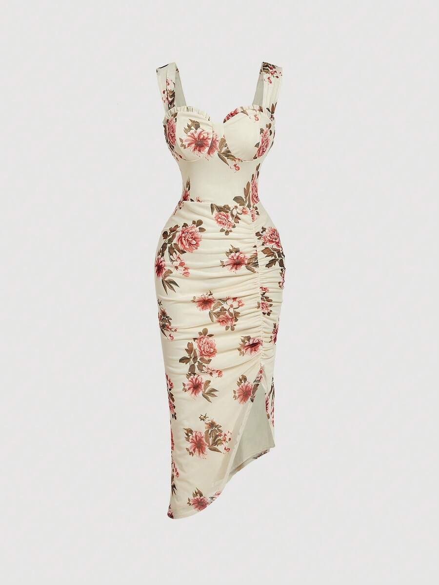 SHEIN MOD 女士黑色碎花褶裥不对称开衩连衣裙，女士粉彩色连衣裙 - 淡黃色 - 查看 1